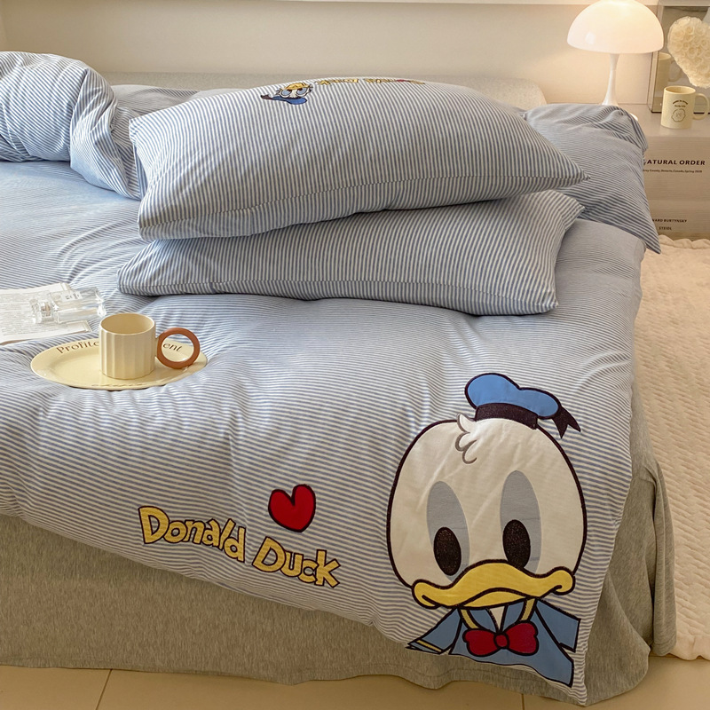 Class A Tianzhu Cotton Fresh Striped Pure Cotton Skin-Friendly Soft Knitted Cotton Cartoon Quilt Cover Naked Sleeping Four-Piece Set