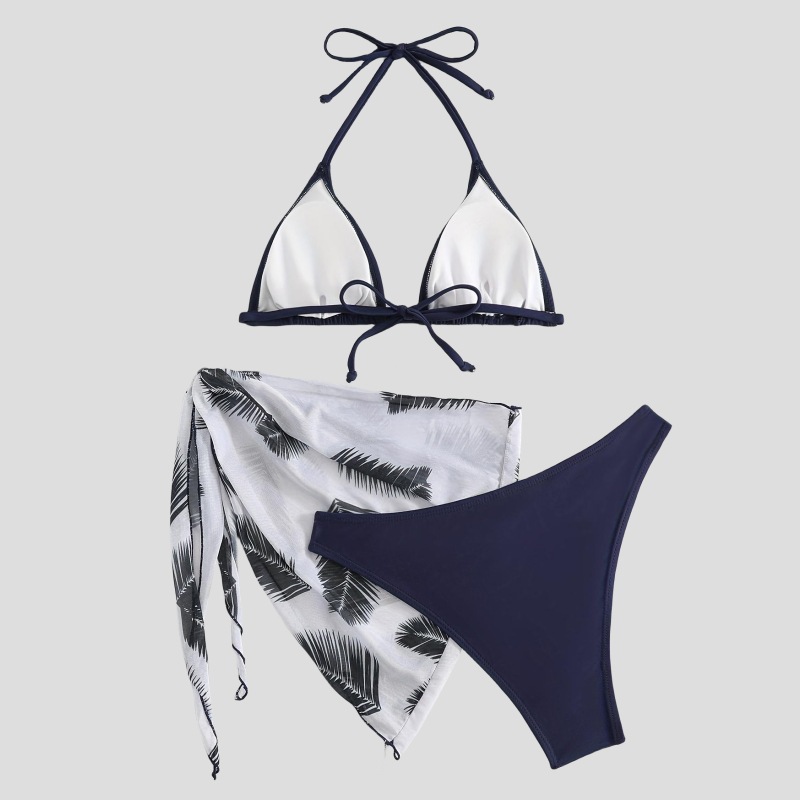 Nuevo traje de baño de tres piezas para mujer estilo bikini Halter color sólido bikini sexy gasa falda traje de baño