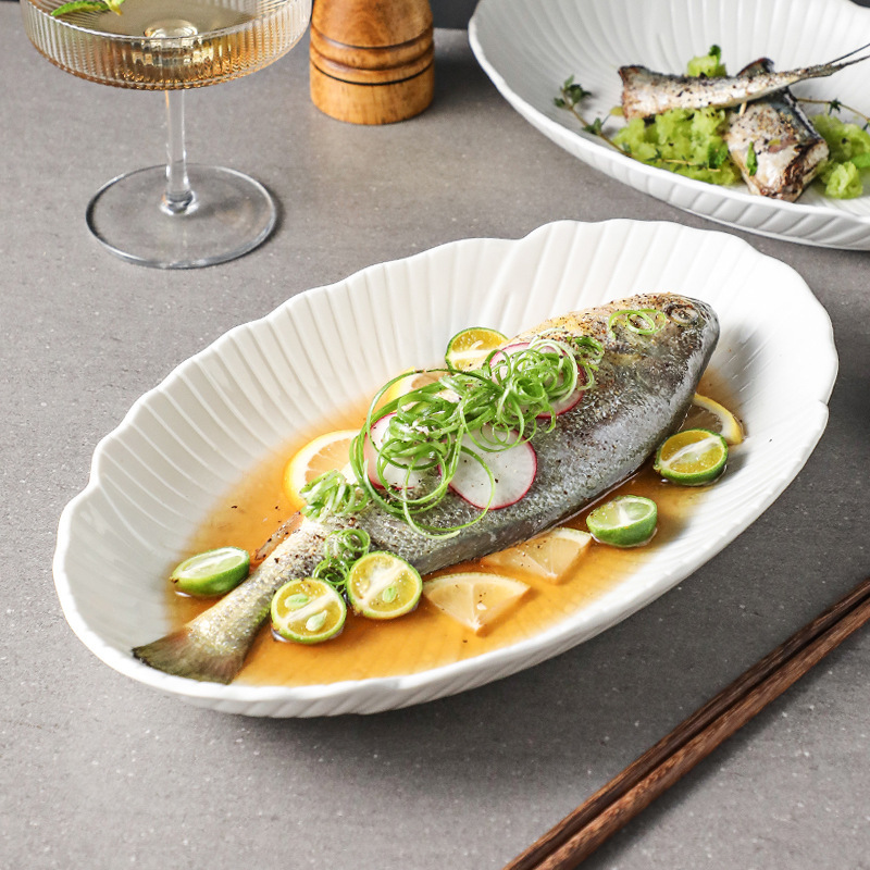 White Porcelain High-End Fish Plate Restaurant Cold Dish Plate Egg-Shaped Plate Hotel Seafood Plate Household High Temperature Resistant Steamed Fish Plate