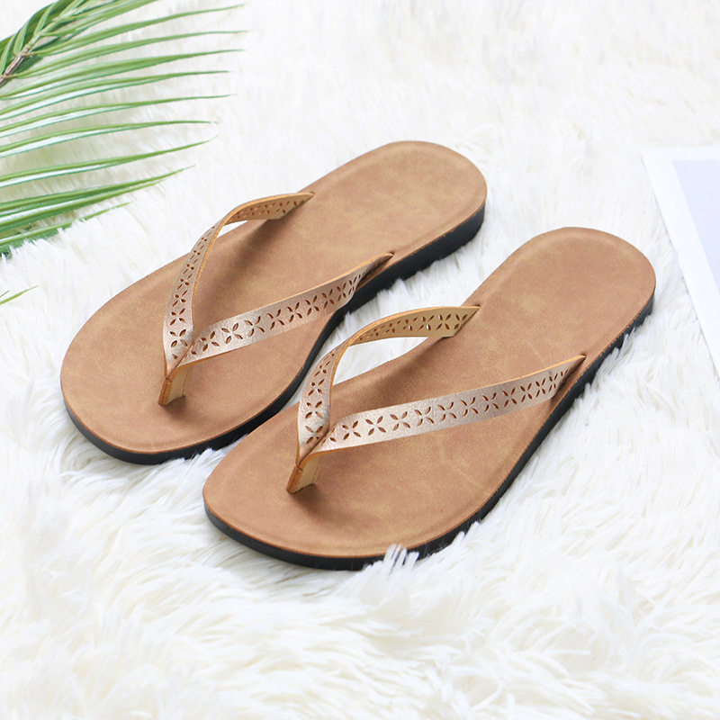 Dép xỏ ngón nữ quai ngang da PU chống trượt, đi biển và đi chơi mùa hè — Màu Sâm panh, Màu đỏ