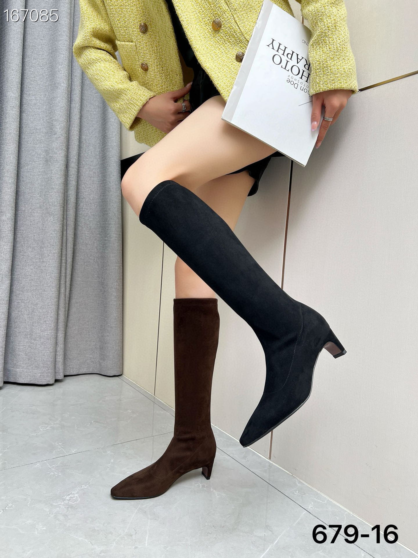 Boot nữ cổ cao ôm bắp chân da mờ mũi nhọn gót nhọn cao 2025 — Màu đen, Màu cà phê chi tiết 2