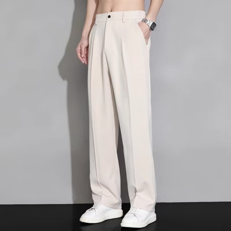 アイスシルクパンツメンズ夏薄いワイドレッグストレートルーズカジュアルパンツハイエンドドレープスーツパンツ|undefined