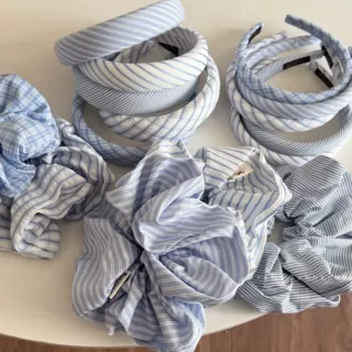 清新韩系蓝色发卡新款大肠发圈发饰可爱条纹发箍女高级感日常头箍