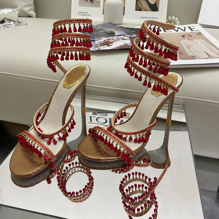 Bohemian Rhinestone Jewel Wrap Sexy High Heel Sandals Open Toe Hollow Out Pendant Dress Catwalk Roman Women's Shoes