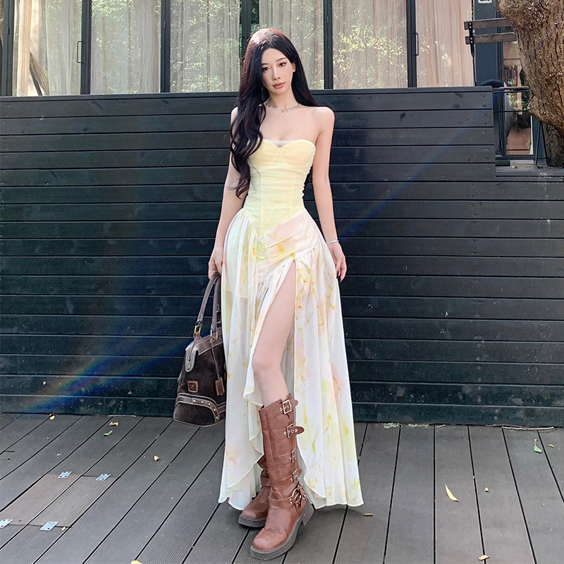 Lace Stitching Printed Slip Skirt Irregular Split Strapless Skirt dress Beach Dress for Seaside Photographs