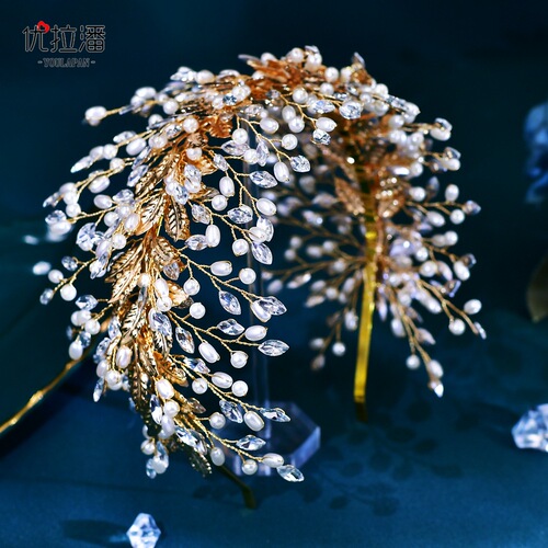 Youlapan bridal handmade pearl wide headband gold leaf rhinestone style headband hair headband HP322