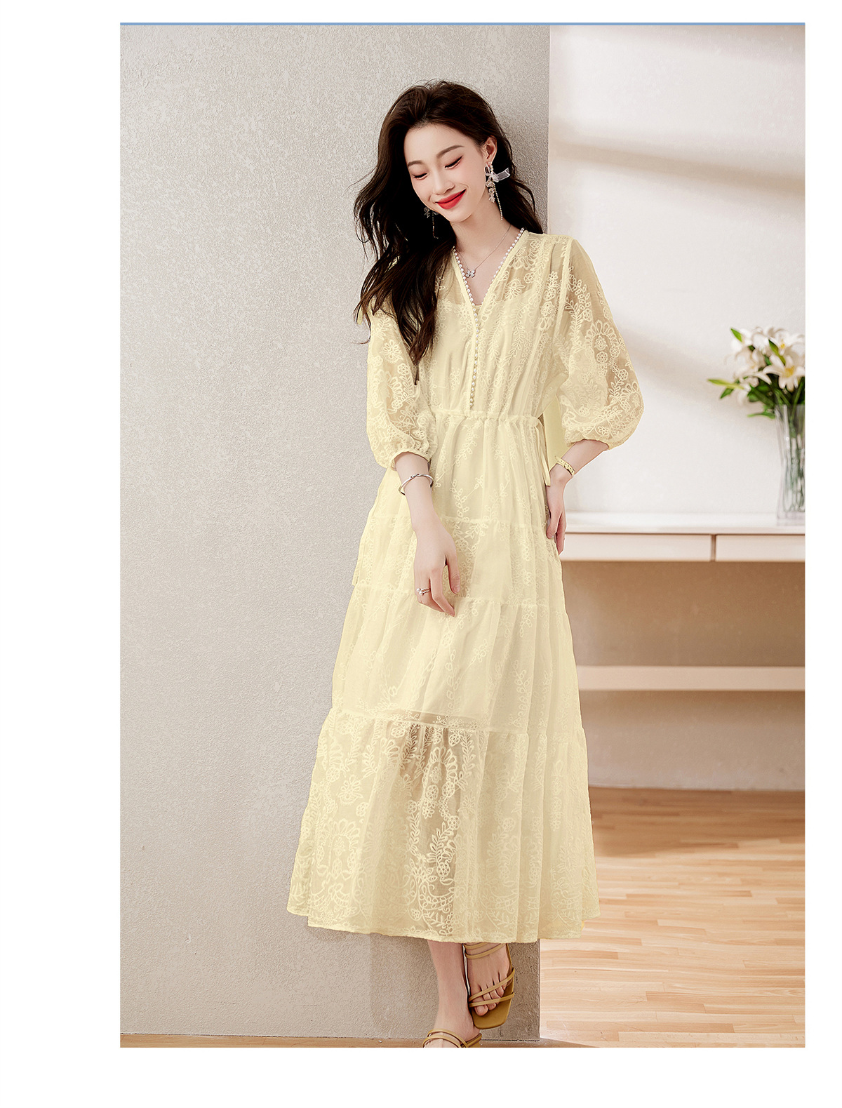 Đầm maxi nữ cổ V thắt eo dáng dài thanh lịch NY1608 — xanh lam, màu tím, màu vàng chi tiết 21