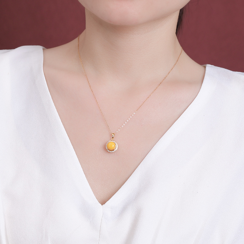 Mặt dây chuyền bạc S925 mạ vàng sáp ong viền zircon hình tròn phong cách hoang dã — Bạc (mặt dây chuyền đơn)