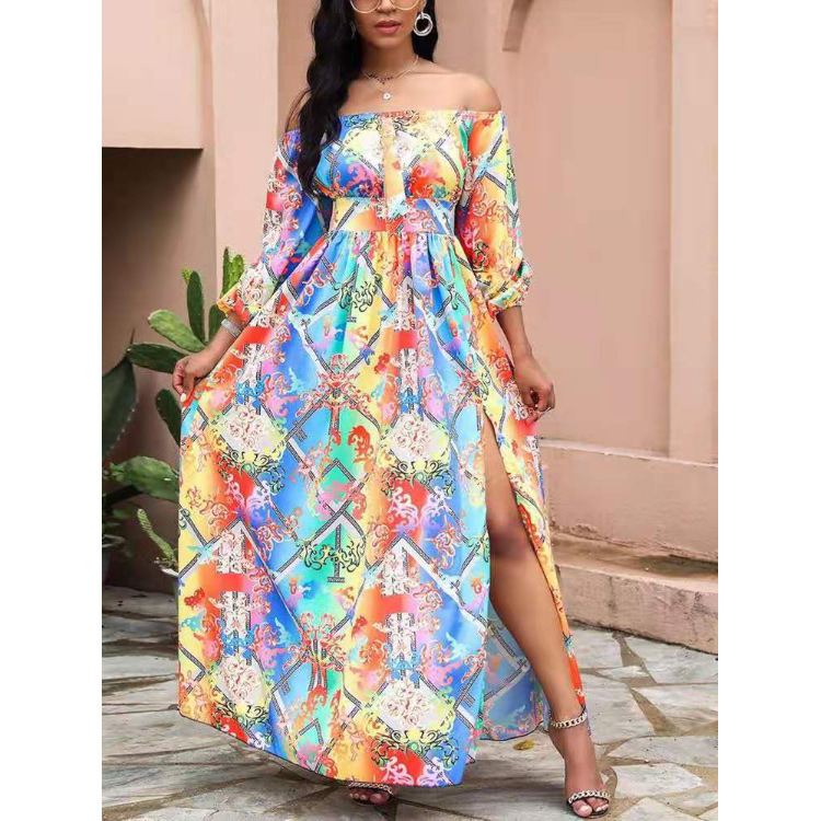 Cross-border 2025 European and American summer women's dress round neck temperament commuting elastic waist casual large swing printed skirt