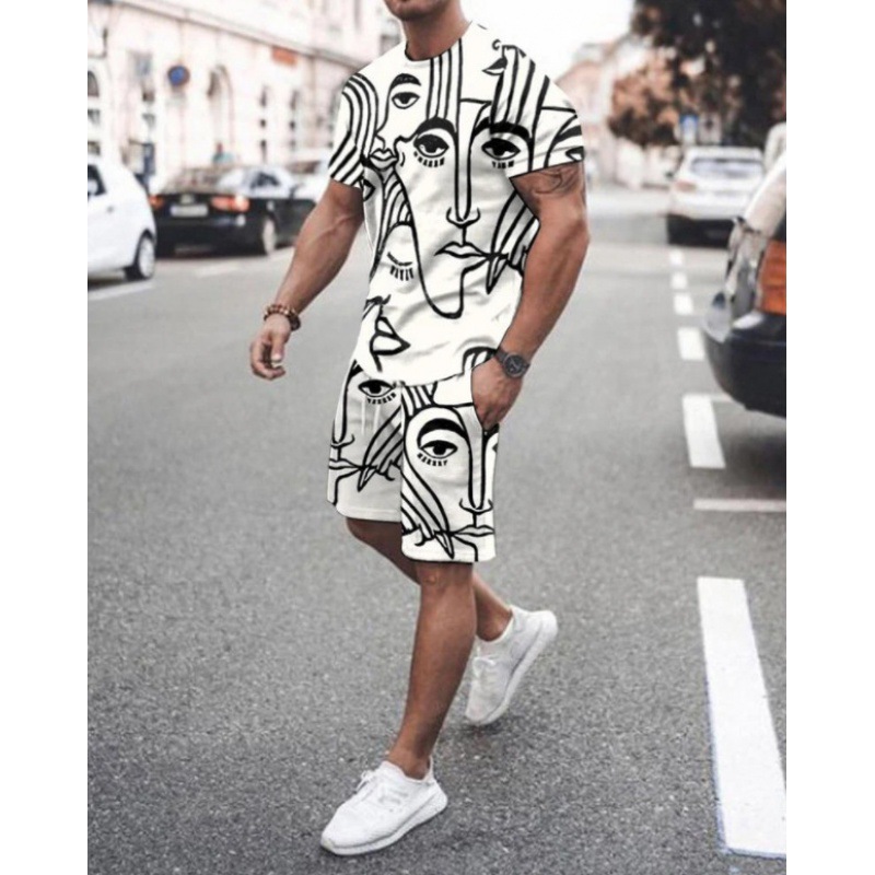2023 verano transfronterizo camiseta 3D europea y americana manga corta pantalones cortos de dos piezas deportivos casuales para hombres