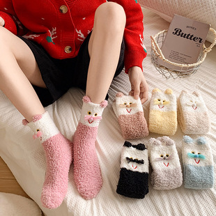 Kitty Cute Coral Fleece Women's Socks Thickened Floor Socks Women's Sleep Socks Mid-tube Home Floor Socks Cartoon Women's Socks
