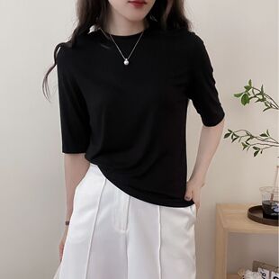 Autumn black and white round neck half turtleneck bottoming shirt water soluble half sleeve bottoming Korean style women's top simple all-match bottoming
