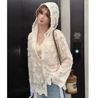 法式时尚刺绣提花镂空蕾丝连帽长袖衬衫女早秋款洋气开衫上衣