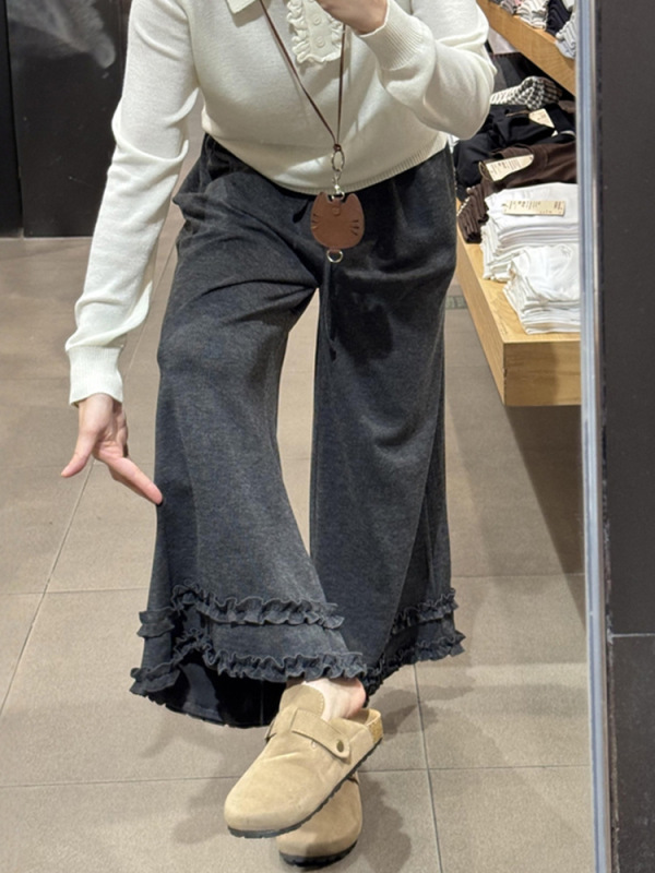 秋装深灰色花边针织阔腿糯米裤子大码女装胖mm显瘦慵懒毛巾休闲裤|undefined