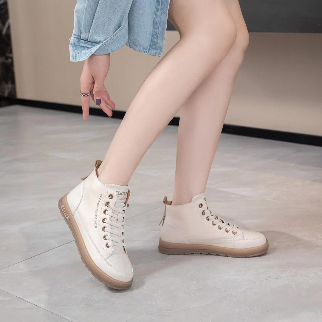 Top layer cowhide high-top white shoes for women 2023 autumn and winter new non-slip beef tendon soft bottom comfortable casual sneaker