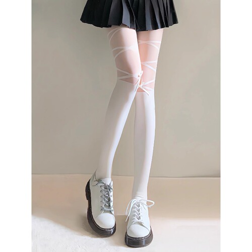 Japanese-style milky white pure desire splicing false leg butterfly bow cross strap black and white silk pantyhose for girls