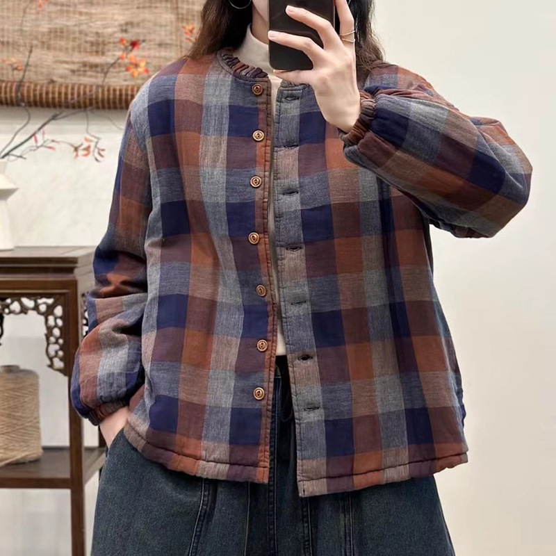 木耳边领格子棉服外套女士秋冬轻薄夹棉长袖开衫休闲简约复古棉衣|undefined