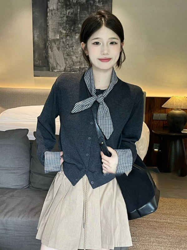 早秋新款假两件圆领毛衣外套女装2025韩系高级感气质针织开衫上衣|undefined