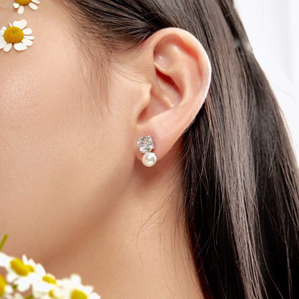 Elegant Square Sterling Silver Plating Artificial Pearls Zircon Ear Studs 1 Pair