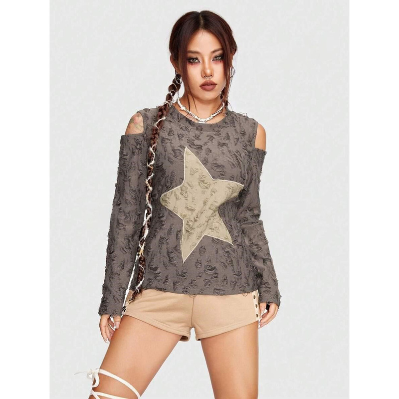 Europe and the United States cross-border foreign trade wholesale women's long sleeve new T-shirt punk style stars printed cold shoulder Amazon AliExpress