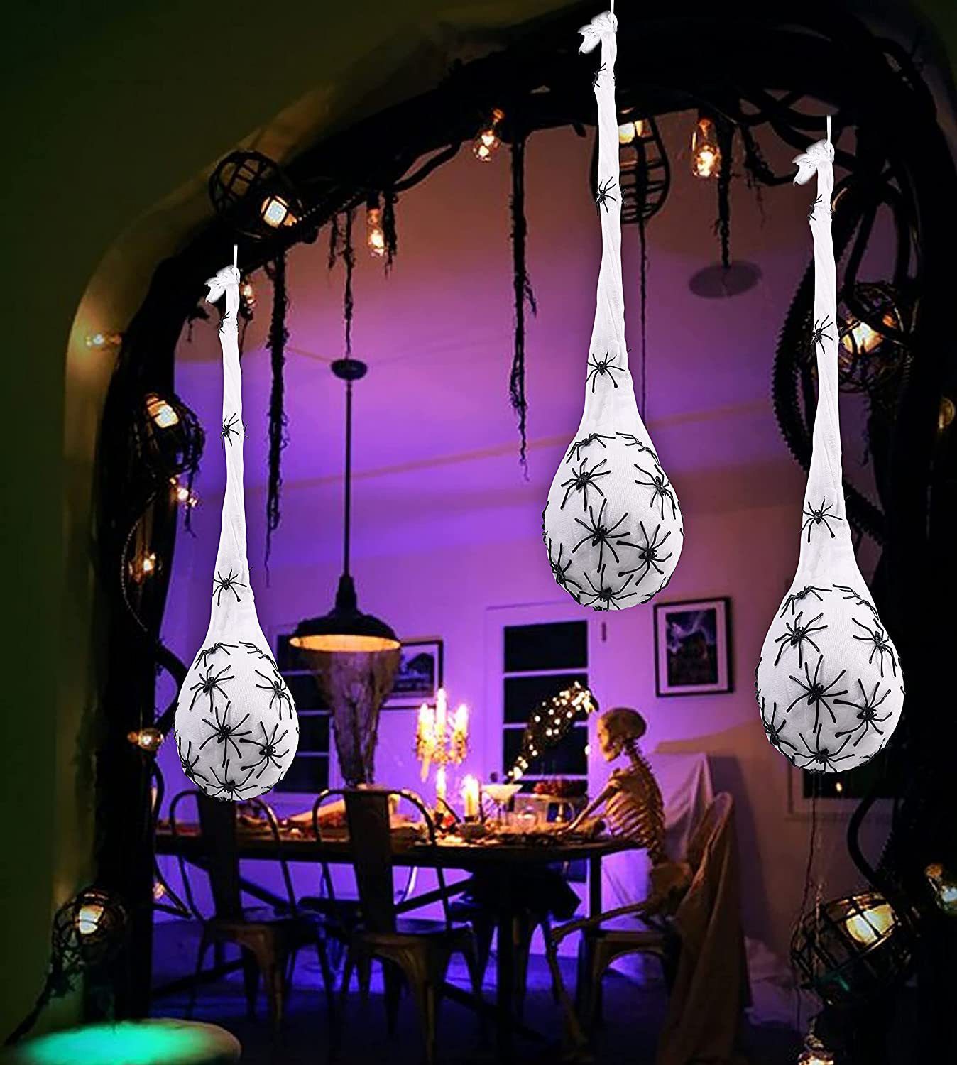 Accesorios de decoración de Halloween que emiten luz que cambia de color araña huevo conjunto bolsa de malla cráneo nido Casa Encantada patio decoración del árbol