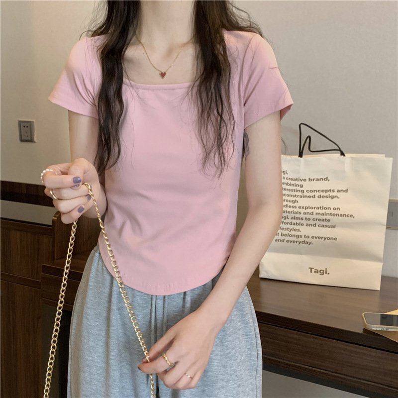 175g Weight Short Sleeve Sleeve Length Polyester Fabric Type Short Top Length T-shirt Tops Type Casual, Daily Occasion Square Neck Neckline Slim Fit Type Solid Color Pattern Spring, Autumn Season Women's Gender Casual, Simple Style Style Wholesale Women's Casual Simple Style Solid Color Short Sleeve T-Shirts 无
