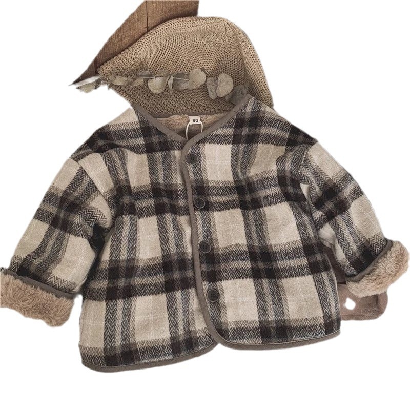 어린이 모직 격자 자켓 한국식 가을과 겨울 새 소년들과 소녀 자켓 유행 느슨한  면화 패딩 옷
