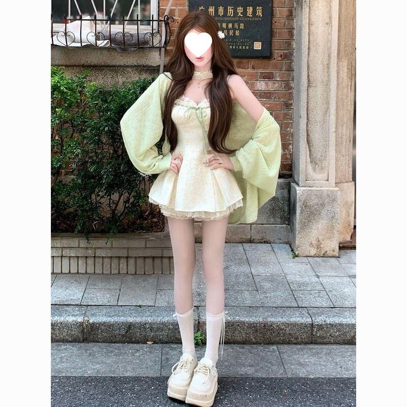 Summer Green Grape Color Sweet Floral Youthful Dress and Cardigan Two-Piece Set for Petite Figures with a Strapless Short Dress Summer Green Grape Color Sweet Floral Youthful Dress and Cardigan Two-Piece Set for Petite Figures with a Strapless Short Dress