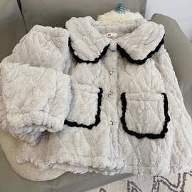 睡衣女冬季三层夹棉加绒加厚珊瑚绒灰色可外穿高级感法兰绒家居服