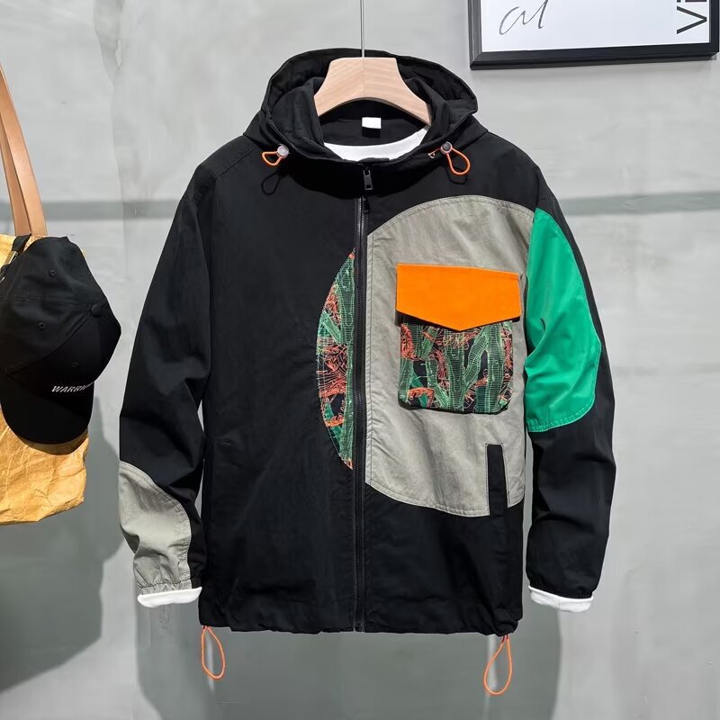Designer Fashion Stitching Jacket Men's 2023 Autumn New Korean Style Loose Personalized Hooded Trendy Men's Jacket