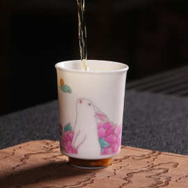 陶瓷玉兔东升描金温感变色杯子羊脂玉瓷品茗杯主人杯单杯带礼盒