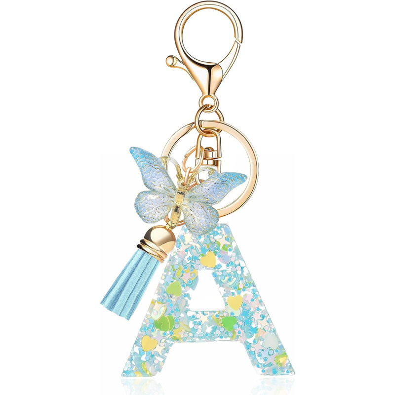 Cross-Border Hot-Selling Resin 26-Letter Keychain Fashion Keychain Butterfly Pendant 26-Letter Keychain Wholesale