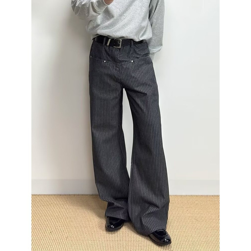 Trendy New American Retro Color-Block Striped Casual Trousers for Women, Low-Waist Loose Fit Slimming Straight-Leg Dress Pants