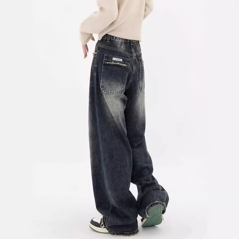 Pear-shaped American-style retro straight jeans women's summer plus size chubby girl high waist slimming wide leg mopping pants