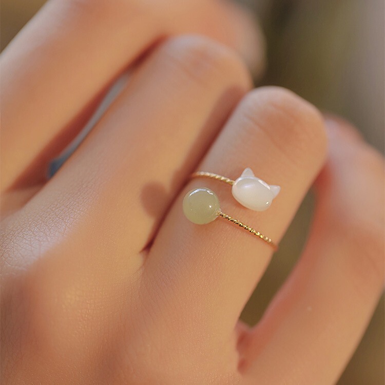 Natural Hetian jade ring female niche design White Butterfly fritillary retro style index finger open tail ring for girlfriend