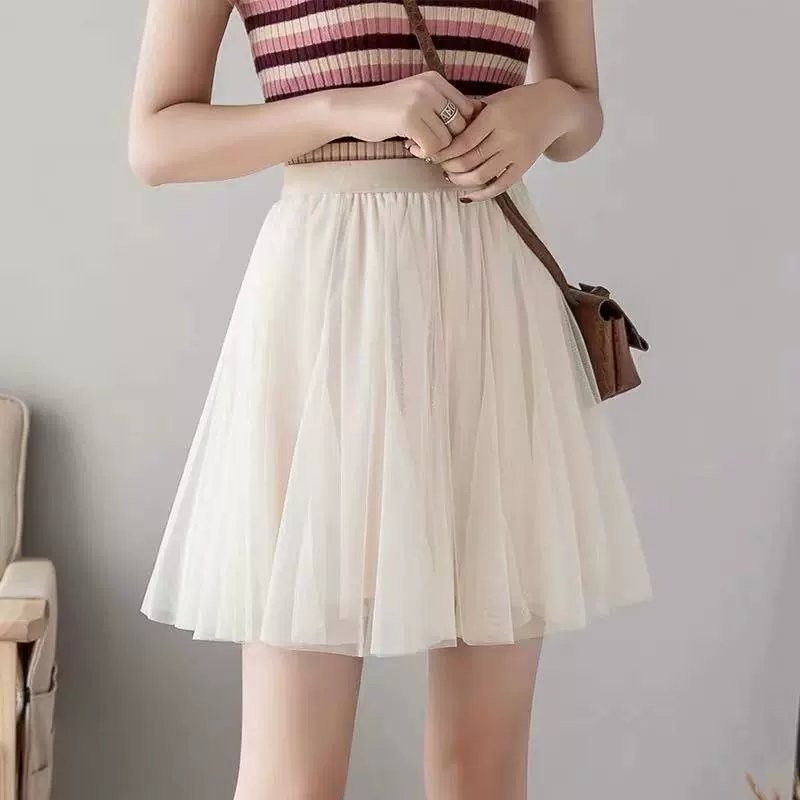 Сетчатая юбка, плиссированная юбка, юбка А-силуэта, универсальная юбка с завышенной талией, сказочная юбка, маленькая свежая сетчатая юбка с большим подолом.