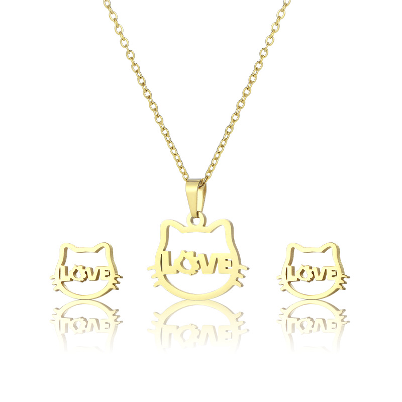 Cat Pendant Necklace Three-Piece Earrings Set Kitten Love Sweater Chain Womenu0027s Gold-Plated Fash