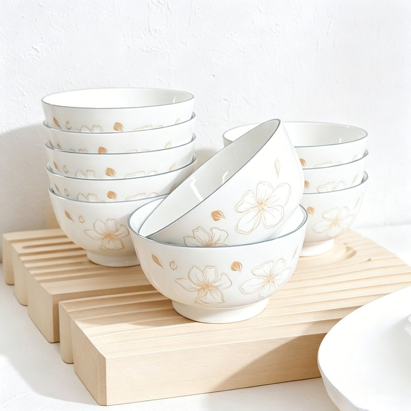 10-Pack Ceramic Rice Bowls for Home Use, Large Size Dining Bowls, High-Quality Porcelain Bowls, Wholesale from Market Stalls, Tableware Clearance Sale