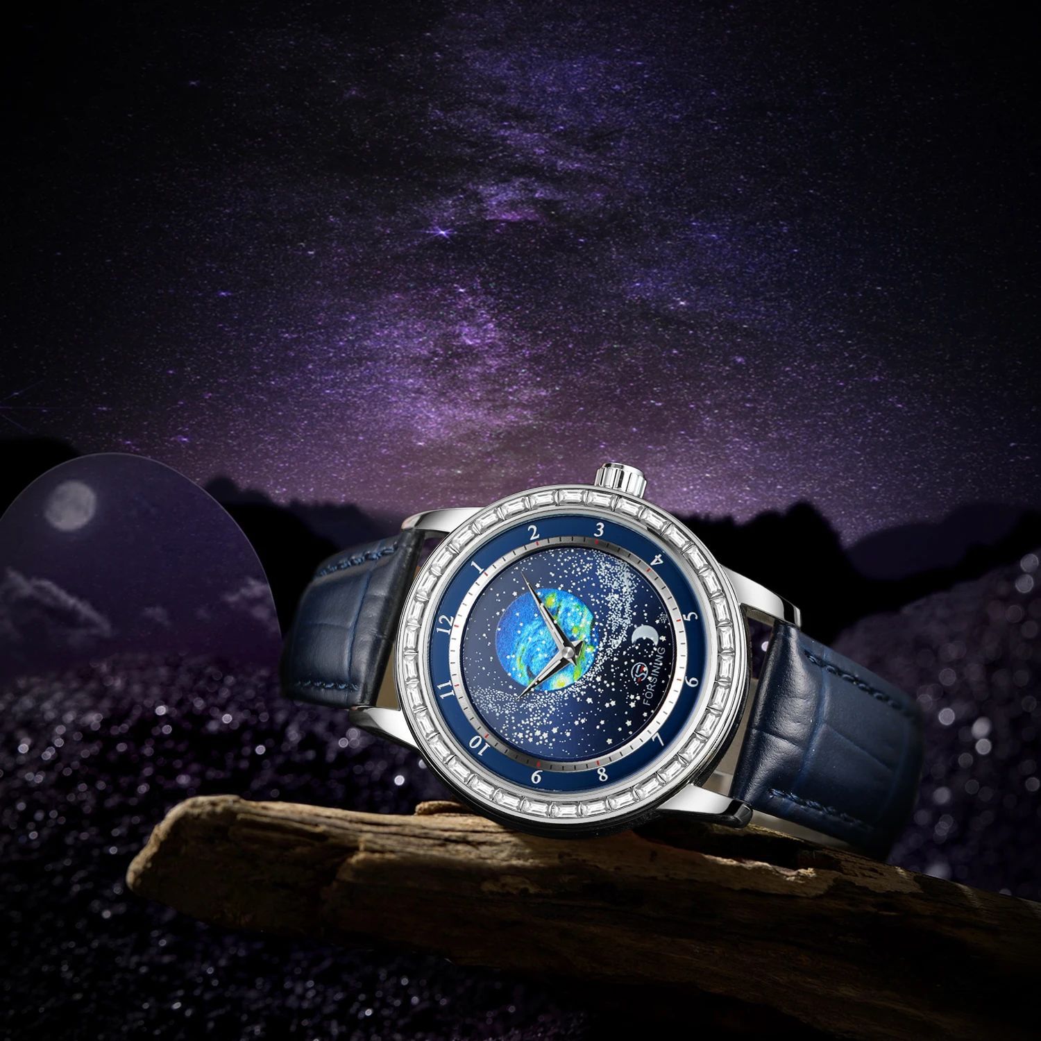 Forsining nuevo estilo europeo y americano hombre moda ocio rotación luz nocturna estrella reloj mecánico estrella