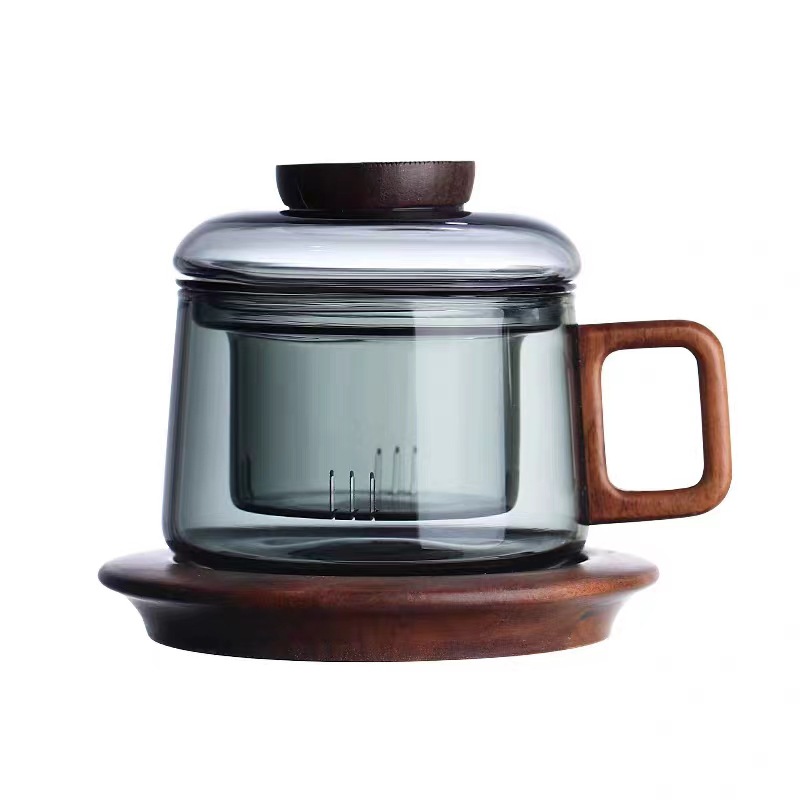 Taza de té gris ahumado de madera Taza de muelle de vidrio con alto contenido de borosilicato Taza de tres piezas de pequeña capacidad con separación de té con filtro