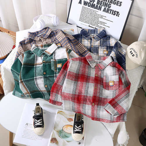 Children's Shirt New Autumn/Winter Korean Style Boy's Collared Plaid Top Girl's Casual Open Cardigan Long Sleeve Base Shirt