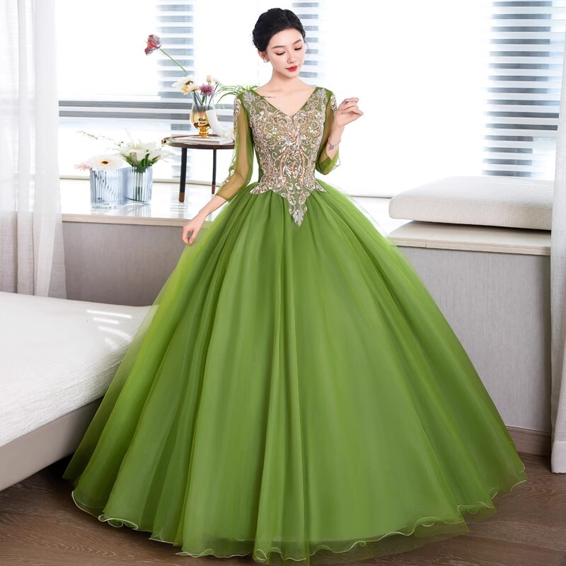 Evening dress puffy skirt solo host costume vocal art test student singing beautiful voice dress female long slim