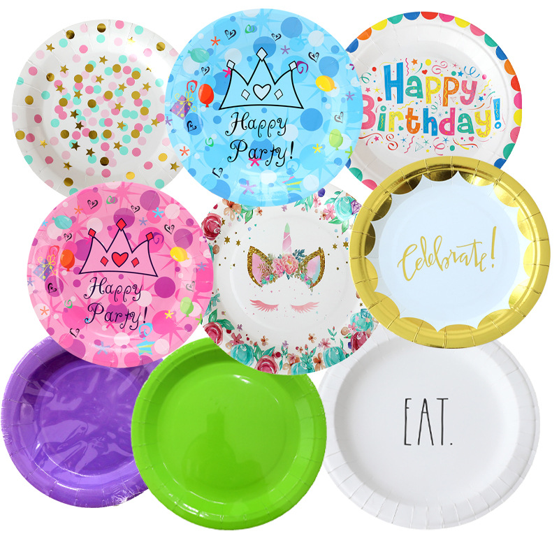Plato de papel desechable de dibujos animados platos de cena de color platos de pastel de fiesta de cumpleaños platos de postre platos de actividad platos de fiesta