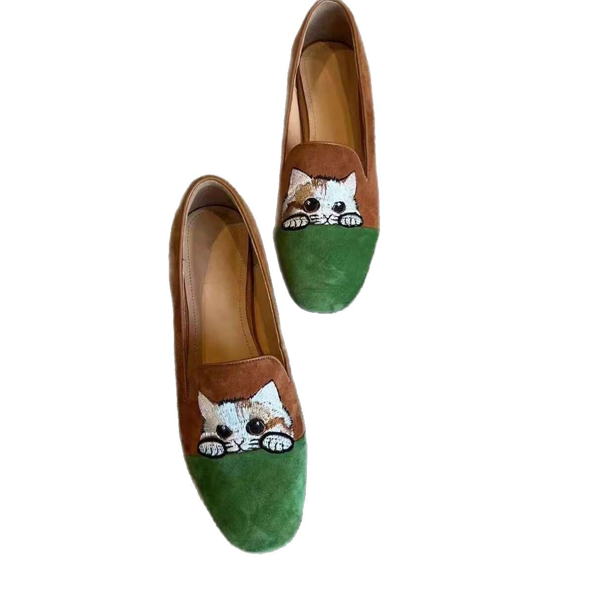 Zhao Cai Gato 2026 nuevo bordado esmerilado un pie de zapatos de Lefour hombre zapatos de tacones bajos para mujeres zapatos de gato Bean