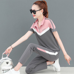 Women's Summer 2022 New Fashion Streetwear Brand Splicing Short-Sleeve Long Pants Plus Size Running Suit Casual Two-Piece Set
