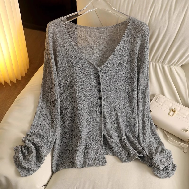Corea del estilo perezoso viento de cuello V texturas de lino de punto Cardigan de primavera y verano de mujeres agujeros camisetas respirables de protección solar blusa delgada image 7