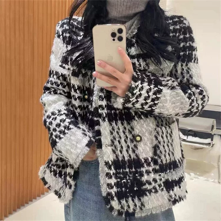 Вязаная шерстяная ретро куртка вязанная, V-образный вырез, стиль Chanel, французский стиль, увеличенная толщина