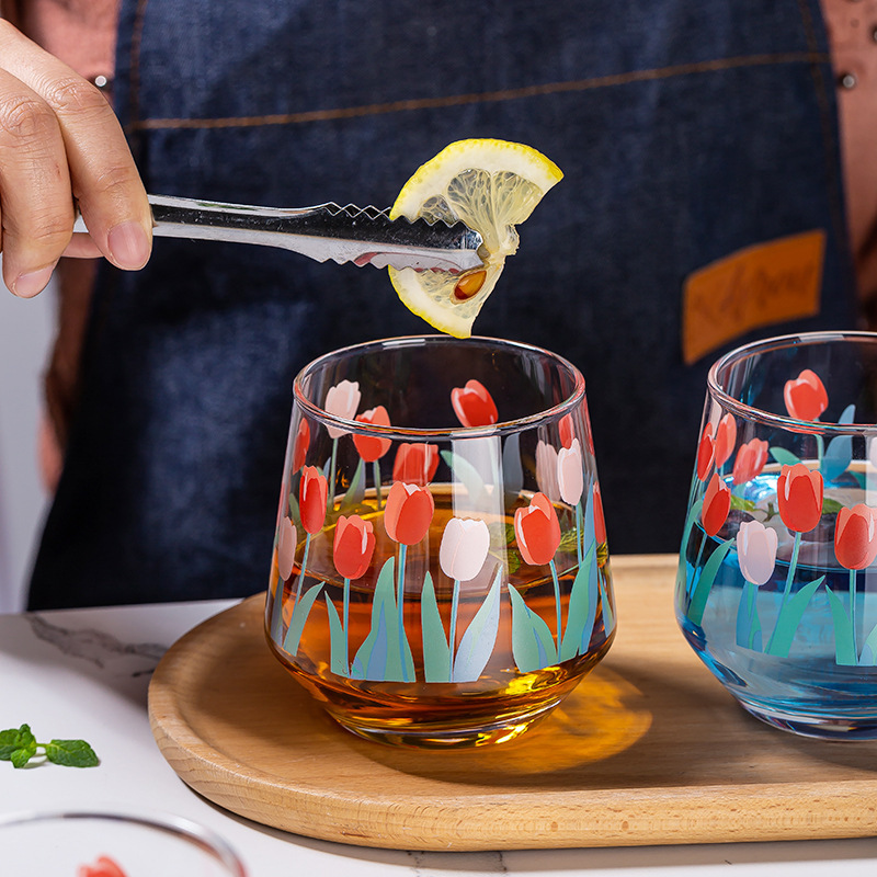 チューリップガラスカップインスタイル透明プリント飲料ティーカップミルクカップオートミール朝食カップ卸売|undefined