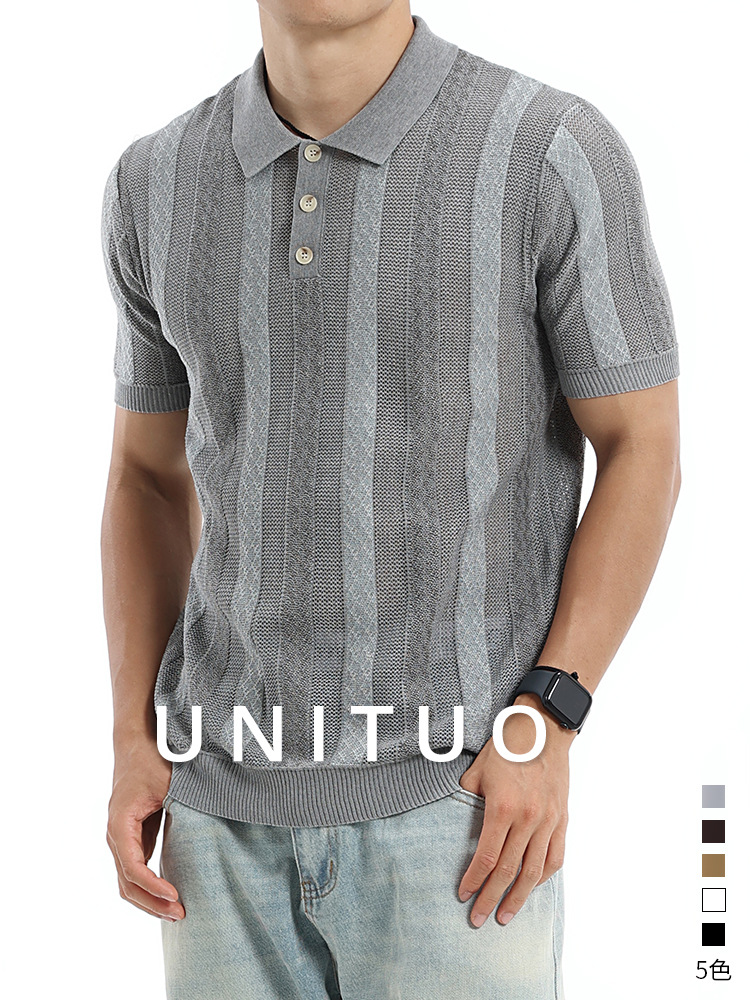 Europa y América hombre hielo de punto camiseta polo de manga corta Jacquard rayas con cuello superior de negocios casual hombre
