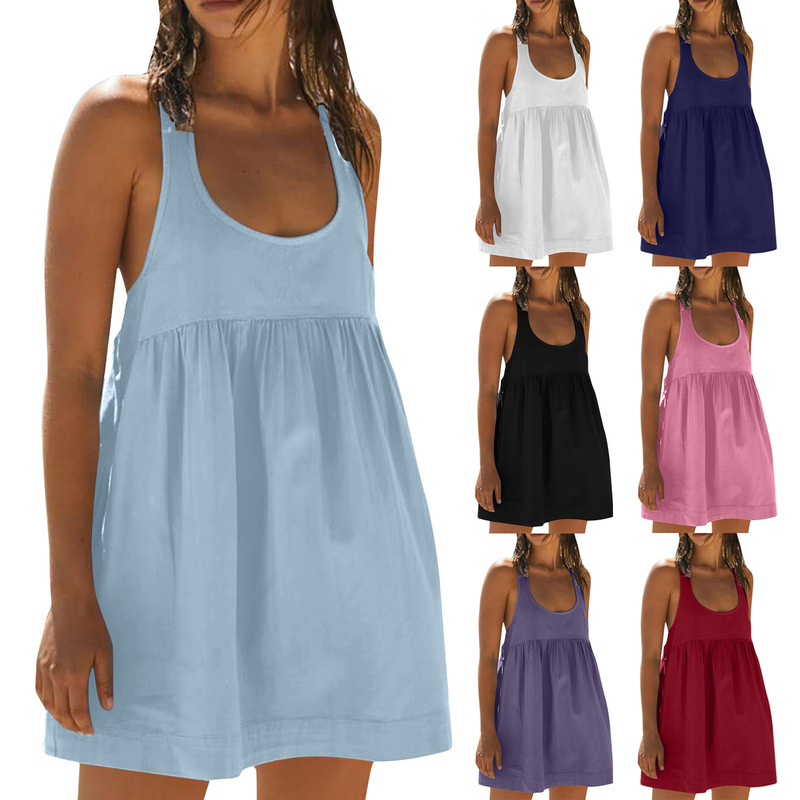 2024 European and American Cross-Border Summer Sleeveless Tank Dress with Flowing Layered Beach Pocket Long Skirt for Women, Made of Comfortable Cotton